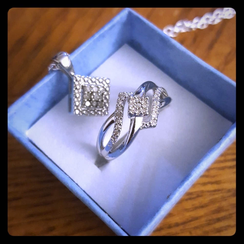 Diamond sterling silver ring & pendant set